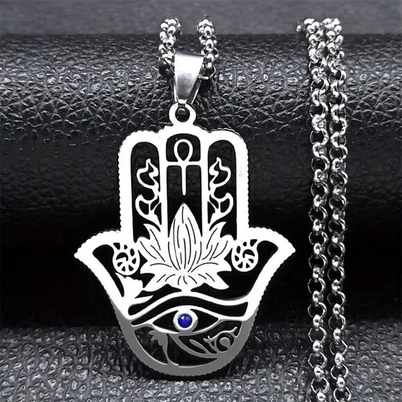 Stainless Steel Hamsa Hand Lotus Eye Ankh Pendant Necklace Protection Jewelry NE - Picture 5 of 5